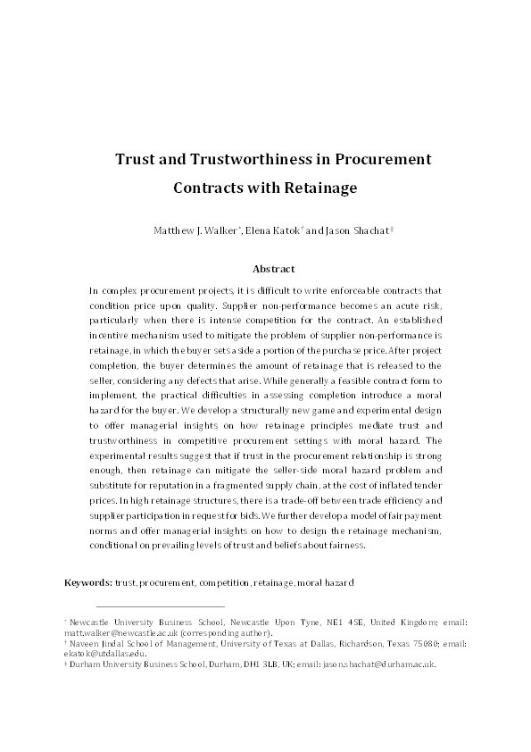 Trust and Trustworthiness in Procurement Contracts with Retainage Thumbnail