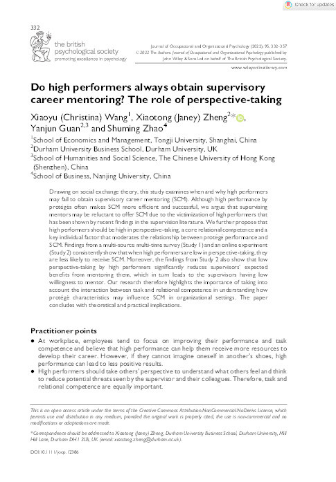 Do High Performers Always Obtain Supervisory Career Mentoring? The Role of Perspective-Taking Thumbnail