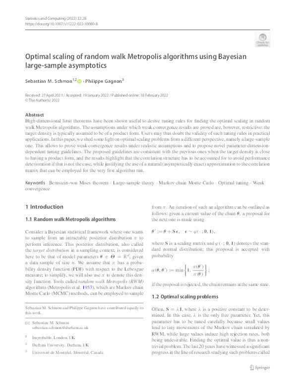 Optimal scaling of random-walk Metropolis algorithms using Bayesian large-sample asymptotics Thumbnail