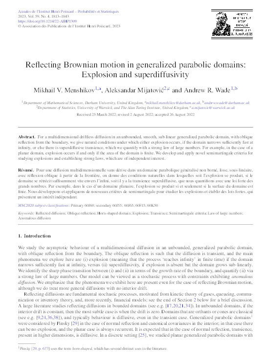 Reflecting Brownian motion in generalized parabolic domains: explosion and superdiffusivity Thumbnail