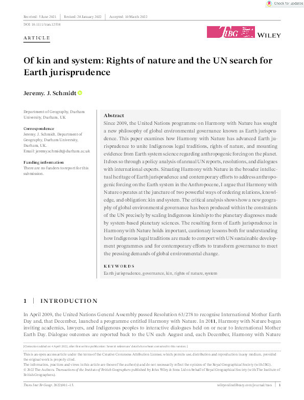 Of Kin and System: Rights of Nature and the UN Search for Earth Jurisprudence Thumbnail