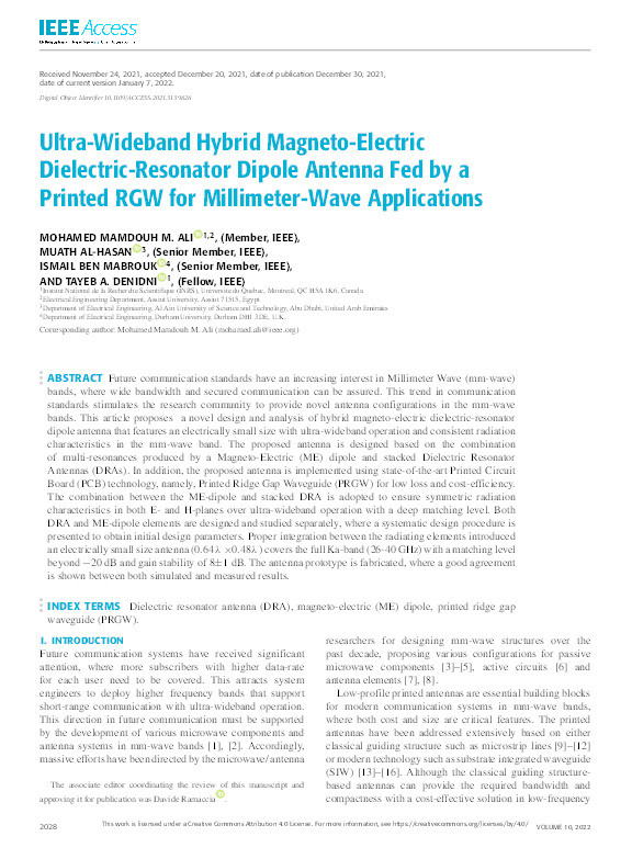 Ultra-Wideband Hybrid Magneto-Electric Dielectric-Resonator Dipole Antenna Fed by a Printed RGW for Millimeter-Wave Applications Thumbnail