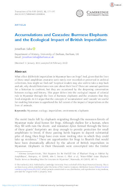 Accumulations and Cascades: Burmese Elephants and the Ecological Impact of British Imperialism Thumbnail