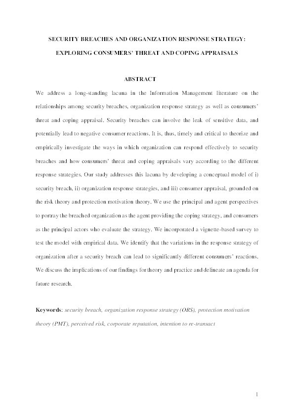 Security Breaches and Organization Response Strategy: Exploring Consumers’ Threat and Coping Appraisals Thumbnail