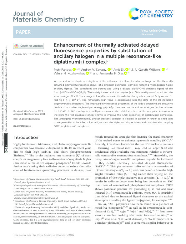 Enhancement of thermally activated delayed fluorescence properties by substitution of ancillary halogen in a multiple resonance-like diplatinum(ii) complex Thumbnail