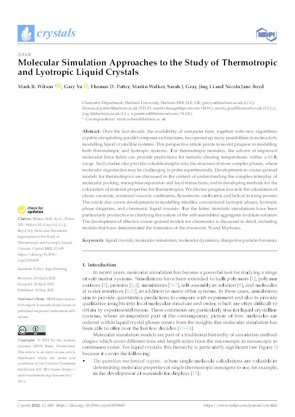 Molecular simulation approaches to the study of thermotropic and lyotropic liquid crystals Thumbnail