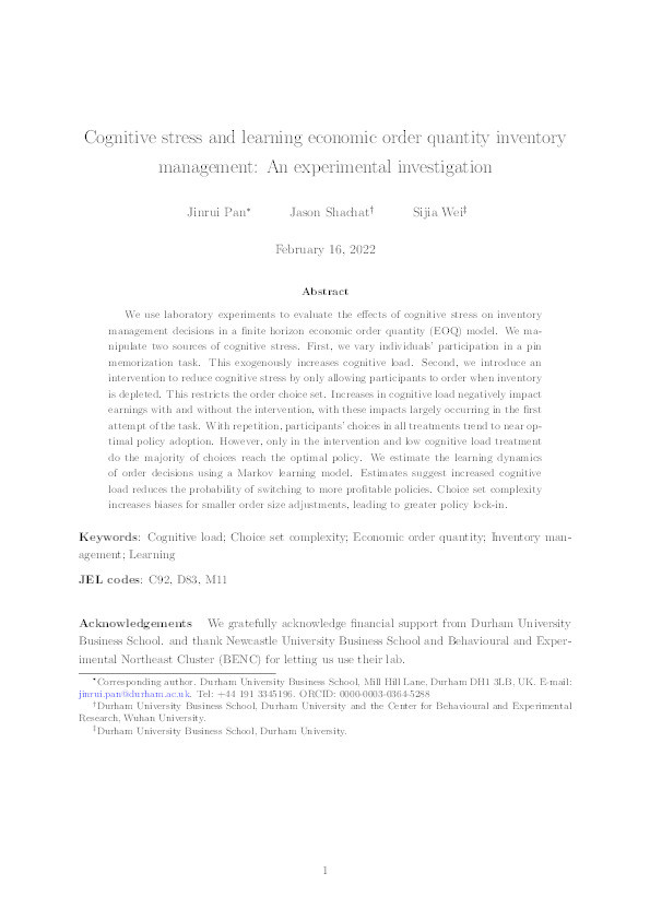 Cognitive stress and learning economic order quantity inventory management: An experimental investigation Thumbnail