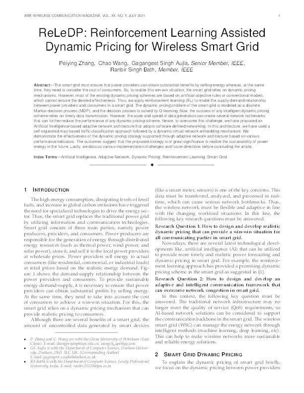 ReLeDP: Reinforcement-Learning-Assisted Dynamic Pricing for Wireless Smart Grid Thumbnail