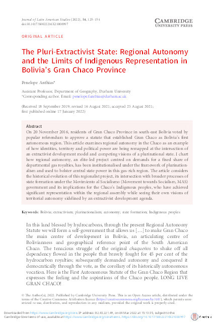The Pluri-Extractivist State: Regional Autonomy and the Limits of Indigenous Participation in Gran Chaco Province Thumbnail