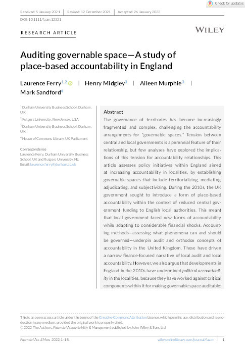 Auditing governable space - A Study of Place-Based Accountability in England Thumbnail