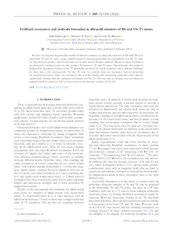 Feshbach resonances and molecule formation in ultracold mixtures of Rb and Yb(3P) atoms Thumbnail