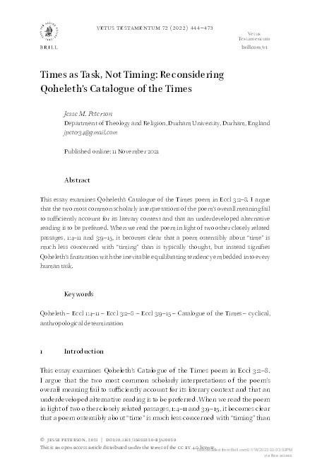 Times as Task, Not Timing: Reconsidering Qoheleth’s Catalogue of the Times Thumbnail