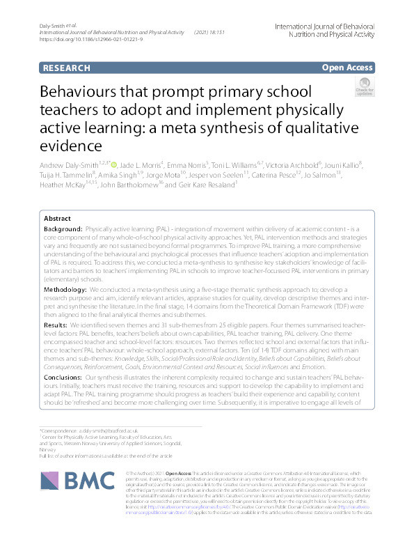 Behaviours that prompt primary school teachers to adopt and implement physically active learning: a meta synthesis of qualitative evidence Thumbnail