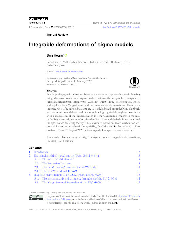 Integrable deformations of sigma models Thumbnail