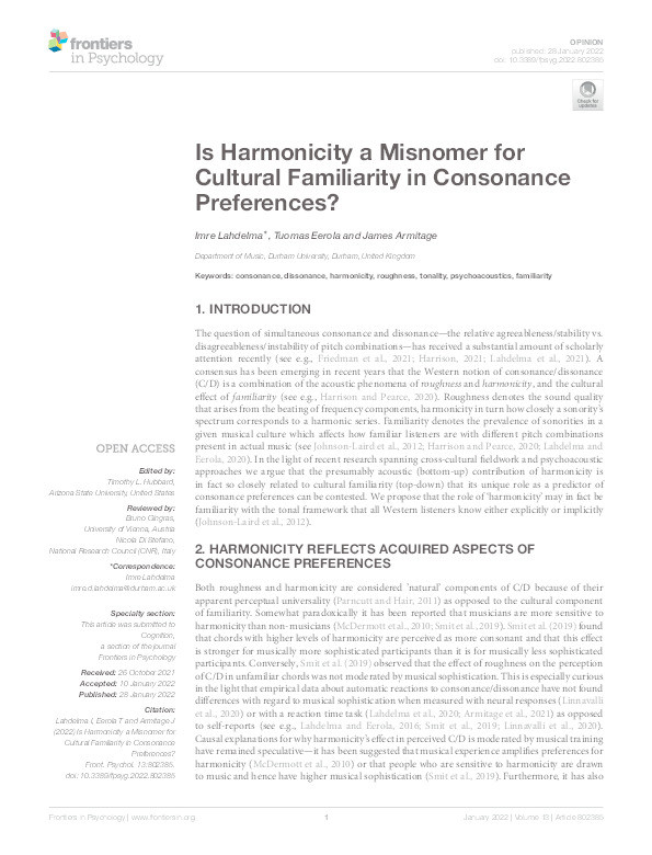 Is Harmonicity a Misnomer for Cultural Familiarity in Consonance Preferences? Thumbnail