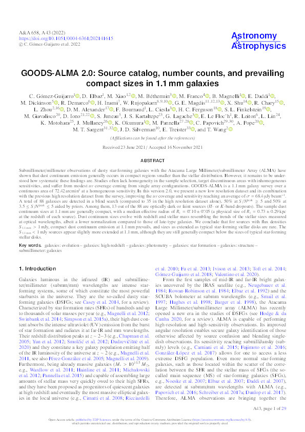 GOODS-ALMA 2.0: Source catalog, number counts, and prevailing compact sizes in 1.1 mm galaxies Thumbnail