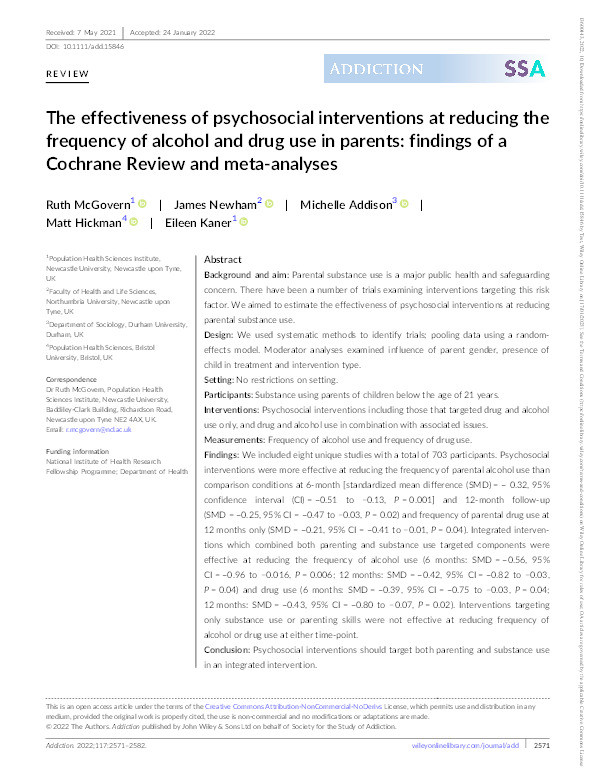 The effectiveness of psychosocial interventions at reducing the frequency of alcohol and drug use in parents: findings of a Cochrane review and meta-analyses Thumbnail