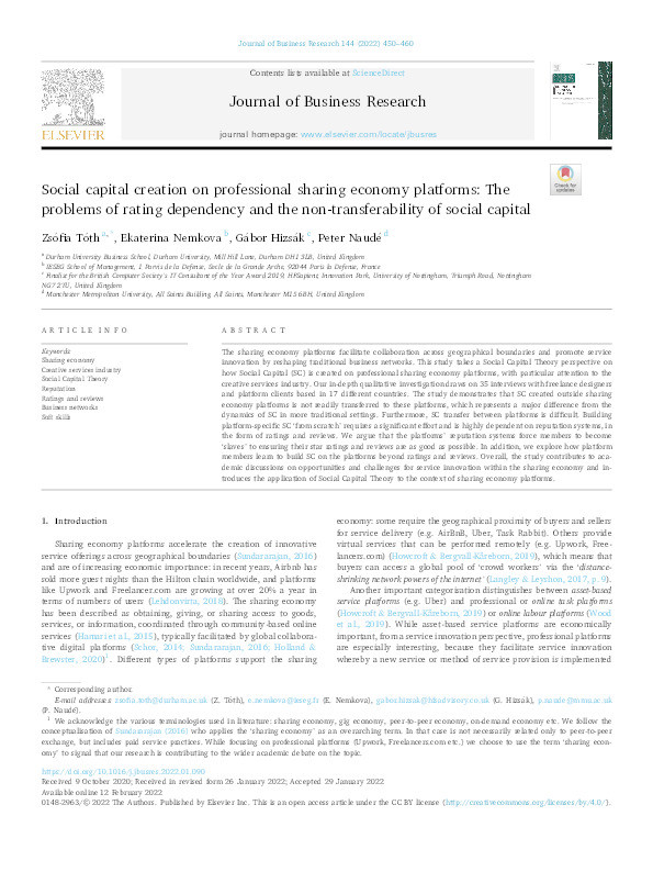 Social capital creation on professional sharing economy platforms: The problems of rating dependency and the non-transferability of social capital Thumbnail