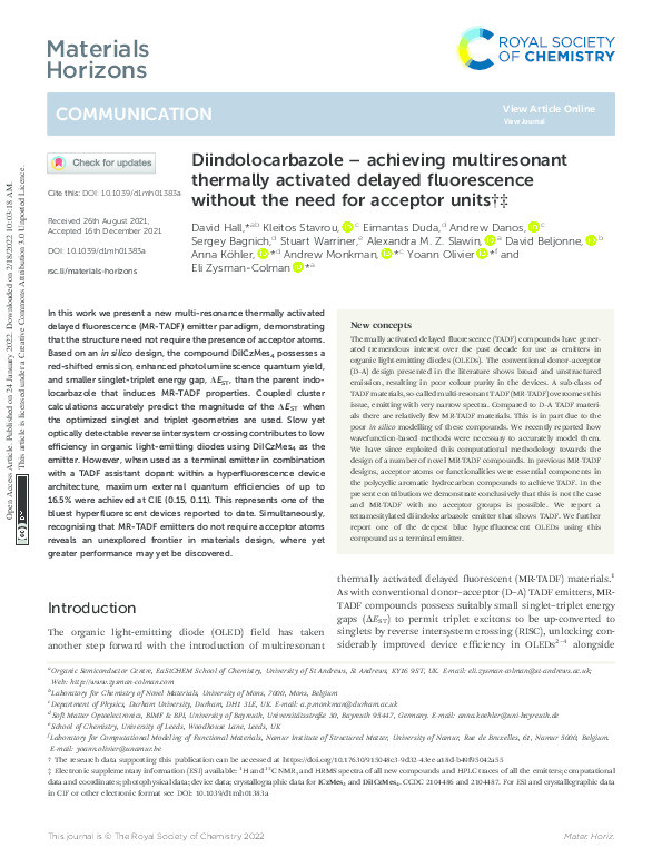 Diindolocarbazole – achieving multiresonant thermally activated delayed fluorescence without the need for acceptor units Thumbnail