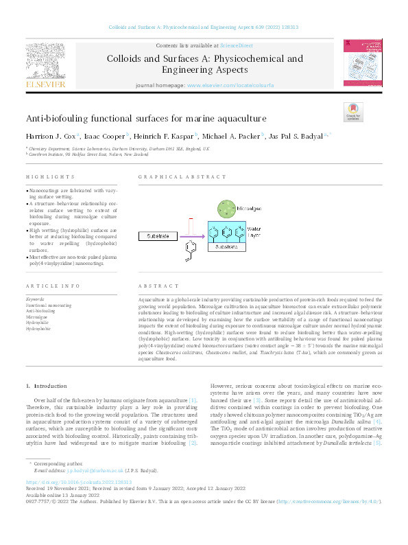 Anti-biofouling functional surfaces for marine aquaculture Thumbnail