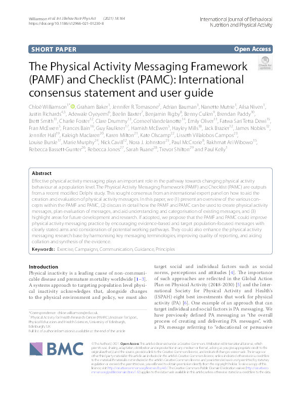 The Physical Activity Messaging Framework (PAMF) and Checklist (PAMC): International consensus statement and user guide Thumbnail