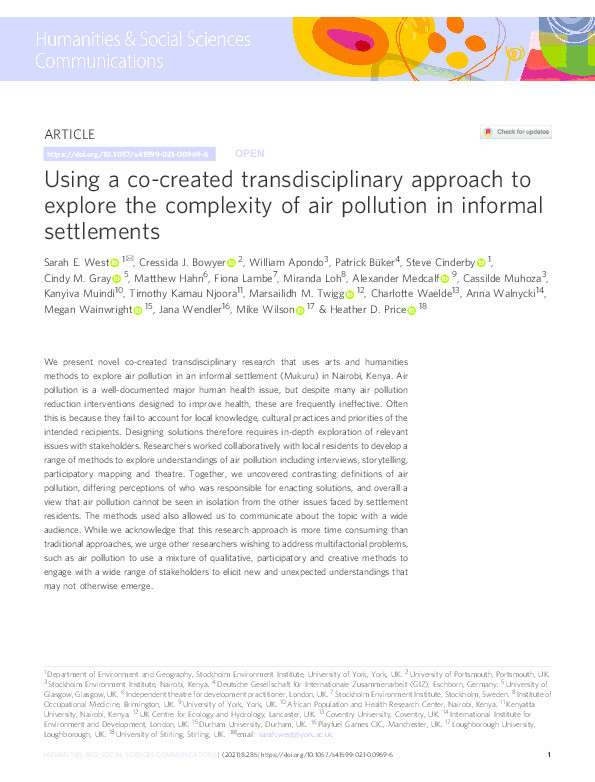 Using a co-created transdisciplinary approach to explore the complexity of air pollution in informal settlements Thumbnail