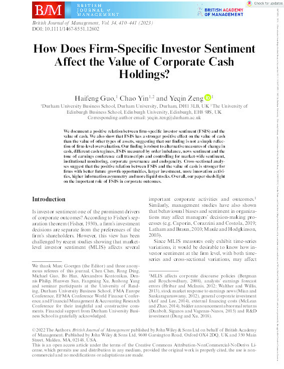 How Does Firm-Specific Investor Sentiment Affect the Value of Corporate Cash Holdings? Thumbnail