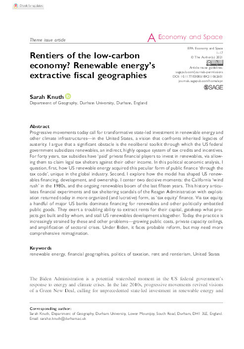 Rentiers of the low-carbon economy? Renewable energy's extractive fiscal geographies Thumbnail
