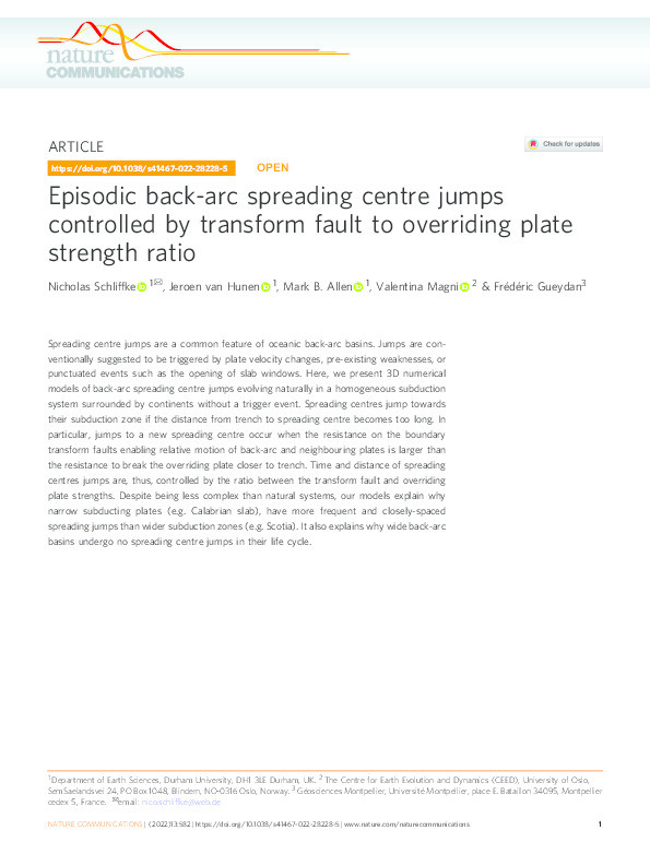 Episodic back-arc spreading centre jumps controlled by transform fault to overriding plate strength ratio Thumbnail