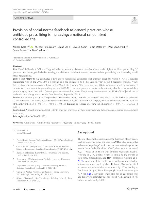 Provision of social-norms feedback to general practices whose antibiotic prescribing is increasing: a national randomized controlled trial Thumbnail