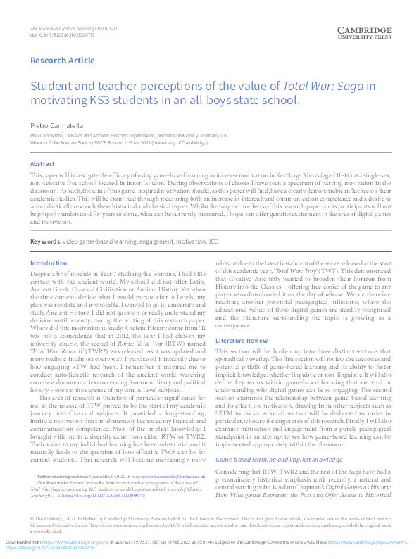 Student and teacher perceptions of the value of Total War: Saga in motivating KS3 students in an all-boys state school Thumbnail