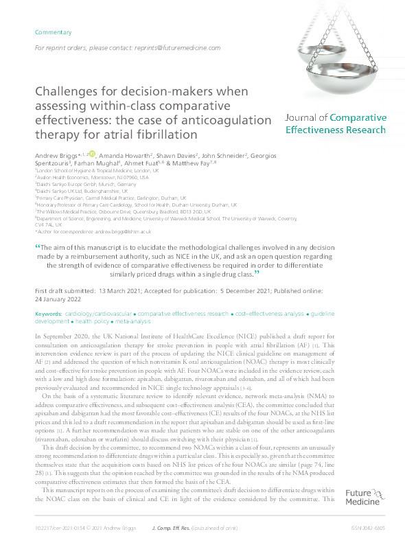 Challenges for decision-makers when assessing within-class comparative effectiveness: the case of anticoagulation therapy for atrial fibrillation Thumbnail