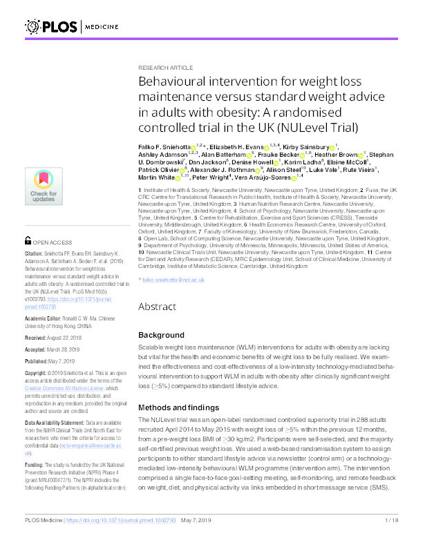 Behavioural intervention for weight loss maintenance versus standard weight advice in adults with obesity: A randomised controlled trial in the UK (NULevel Trial) Thumbnail