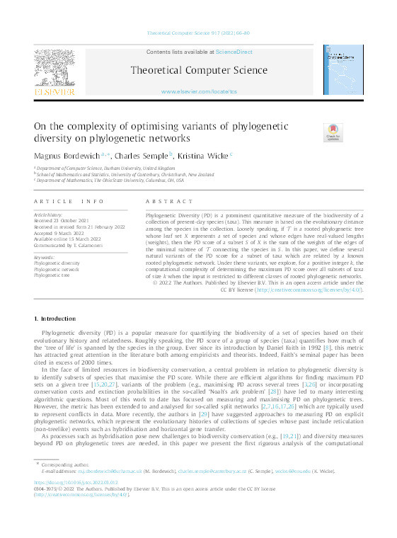 On the Complexity of Optimising Variants of Phylogenetic Diversity on Phylogenetic Networks Thumbnail