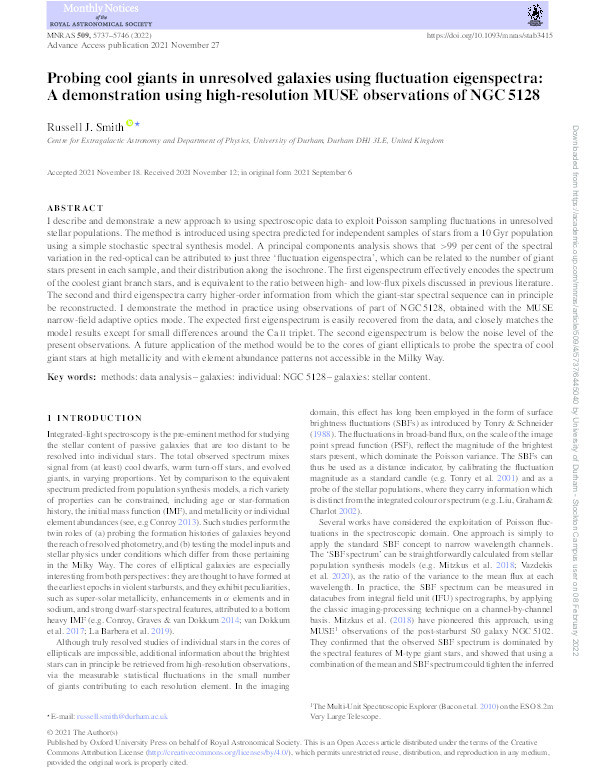 Probing cool giants in unresolved galaxies using fluctuation eigenspectra: A demonstration using high-resolution MUSE observations of NGC 5128 Thumbnail