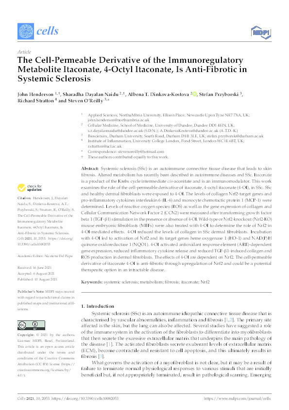 The Cell-Permeable Derivative of the Immunoregulatory Metabolite Itaconate, 4-Octyl Itaconate, Is Anti-Fibrotic in Systemic Sclerosis Thumbnail