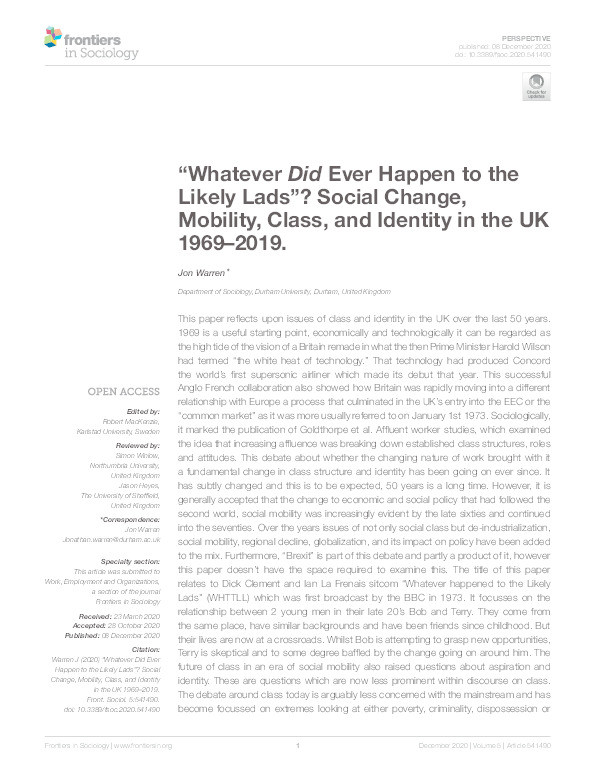 “Whatever Did Ever Happen to the Likely Lads”? Social Change, Mobility, Class, and Identity in the UK 1969–2019 Thumbnail