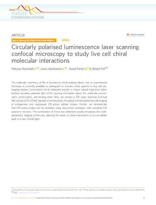 Circularly polarised luminescence laser scanning confocal microscopy to study live cell chiral molecular interactions Thumbnail