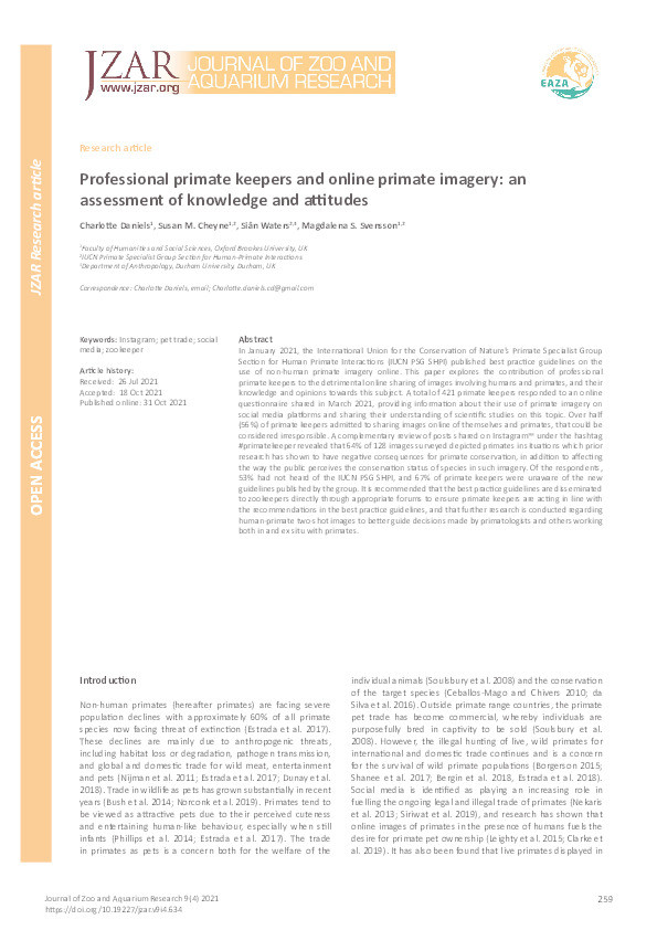 Professional primate keepers and online primate imagery: an assessment of knowledge and attitudes Thumbnail