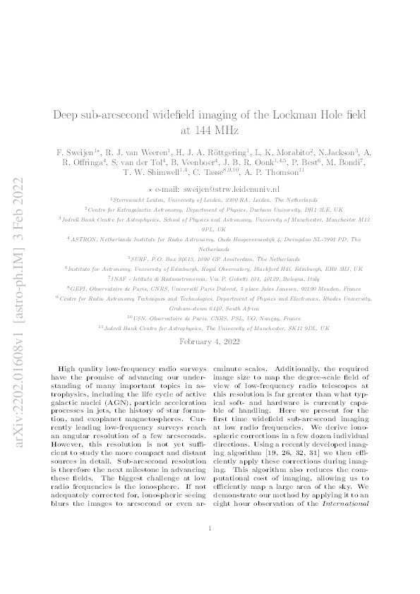 Deep sub-arcsecond wide-field imaging of the Lockman Hole field at 144 MHz Thumbnail