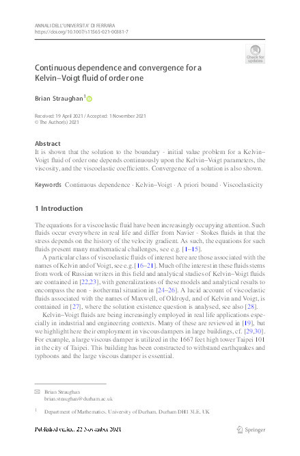 Continuous dependence and convergence for a Kelvin–Voigt fluid of order one Thumbnail