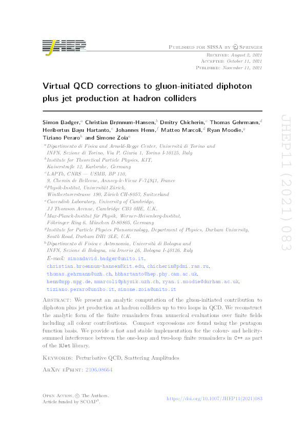 Virtual QCD corrections to gluon-initiated diphoton plus jet production at hadron colliders Thumbnail