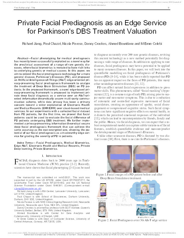 Private Facial Prediagnosis as an Edge Service for Parkinson's DBS Treatment Valuation Thumbnail