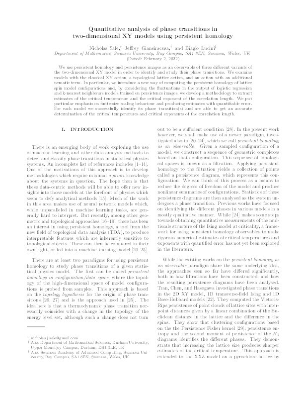 Quantitative analysis of phase transitions in two-dimensional XY models using persistent homology Thumbnail