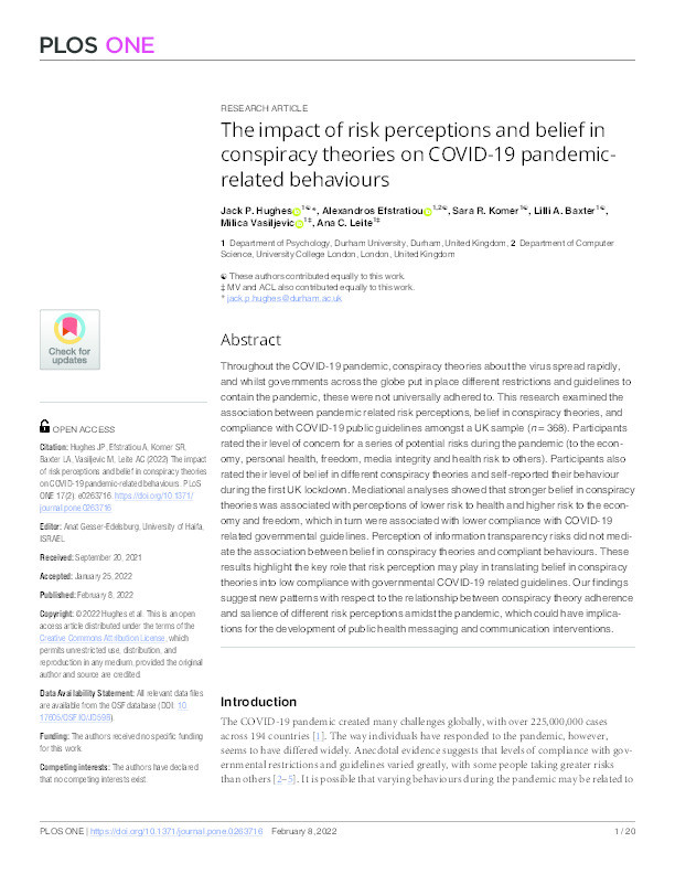 The impact of risk perceptions and belief in conspiracy theories on COVID-19 pandemic-related behaviours Thumbnail