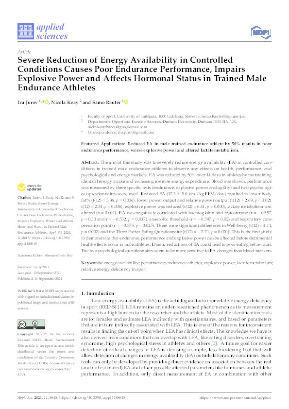 Severe Reduction of Energy Availability in Controlled Conditions Causes Poor Endurance Performance, Impairs Explosive Power and Affects Hormonal Status in Trained Male Endurance Athletes Thumbnail