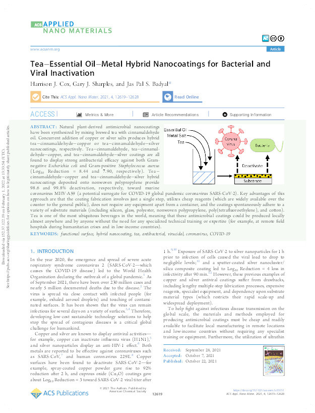 Tea–Essential Oil–Metal Hybrid Nanocoatings for Bacterial and Viral Inactivation Thumbnail