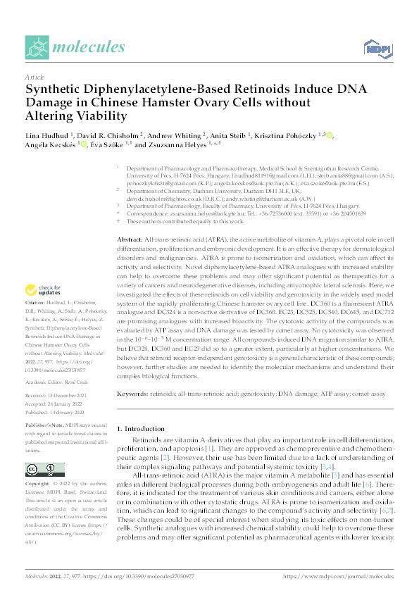 Synthetic Diphenylacetylene-Based Retinoids Induce DNA Damage in Chinese Hamster Ovary Cells without Altering Viability Thumbnail