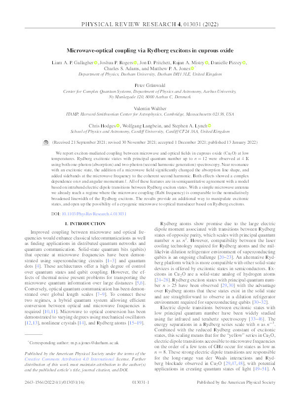 Microwave-optical coupling via Rydberg excitons in cuprous oxide Thumbnail