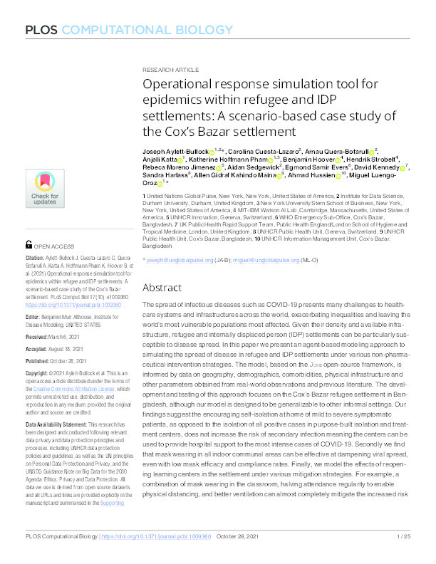 Operational response simulation tool for epidemics within refugee and IDP settlements: A scenario-based case study of the Cox’s Bazar settlement Thumbnail